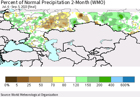 Russian Federation Percent of Normal Precipitation 2-Month (WMO) Thematic Map For 7/6/2023 - 9/5/2023