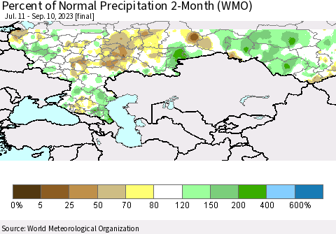 Russian Federation Percent of Normal Precipitation 2-Month (WMO) Thematic Map For 7/11/2023 - 9/10/2023