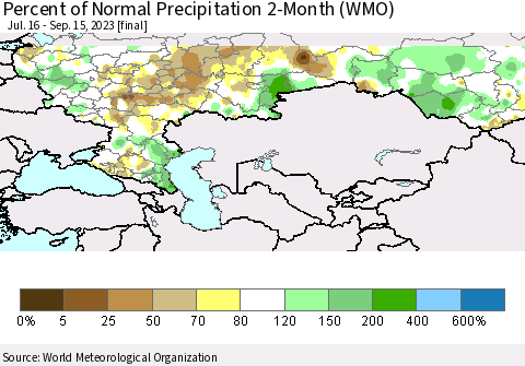 Russian Federation Percent of Normal Precipitation 2-Month (WMO) Thematic Map For 7/16/2023 - 9/15/2023