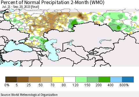 Russian Federation Percent of Normal Precipitation 2-Month (WMO) Thematic Map For 7/21/2023 - 9/20/2023