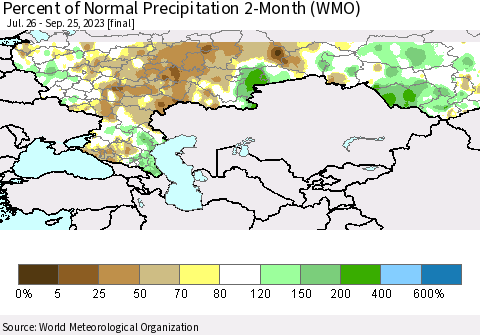 Russian Federation Percent of Normal Precipitation 2-Month (WMO) Thematic Map For 7/26/2023 - 9/25/2023