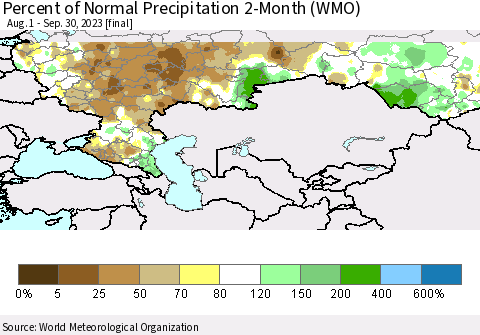 Russian Federation Percent of Normal Precipitation 2-Month (WMO) Thematic Map For 8/1/2023 - 9/30/2023