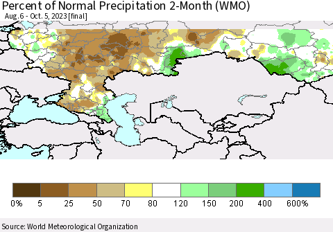 Russian Federation Percent of Normal Precipitation 2-Month (WMO) Thematic Map For 8/6/2023 - 10/5/2023
