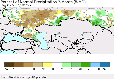 Russian Federation Percent of Normal Precipitation 2-Month (WMO) Thematic Map For 8/11/2023 - 10/10/2023
