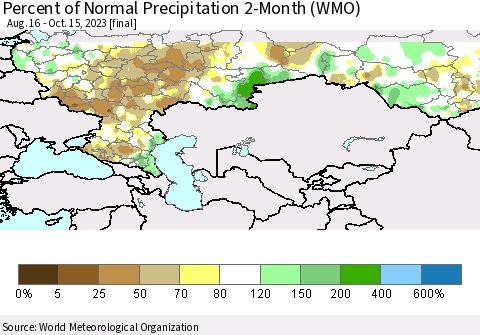 Russian Federation Percent of Normal Precipitation 2-Month (WMO) Thematic Map For 8/16/2023 - 10/15/2023