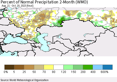 Russian Federation Percent of Normal Precipitation 2-Month (WMO) Thematic Map For 8/21/2023 - 10/20/2023