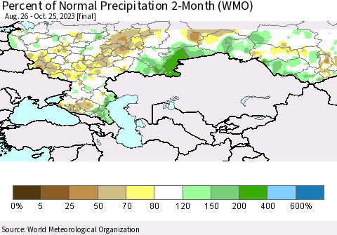Russian Federation Percent of Normal Precipitation 2-Month (WMO) Thematic Map For 8/26/2023 - 10/25/2023