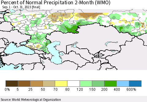 Russian Federation Percent of Normal Precipitation 2-Month (WMO) Thematic Map For 9/1/2023 - 10/31/2023