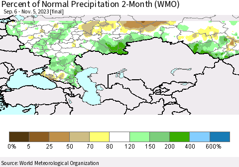 Russian Federation Percent of Normal Precipitation 2-Month (WMO) Thematic Map For 9/6/2023 - 11/5/2023