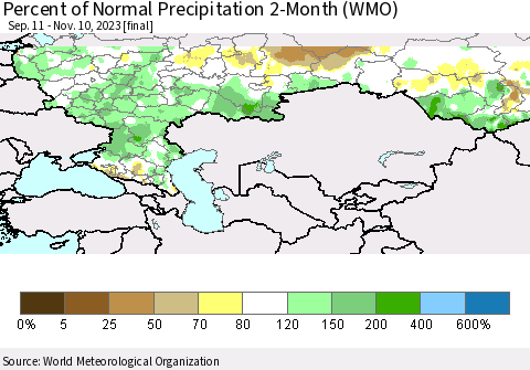 Russian Federation Percent of Normal Precipitation 2-Month (WMO) Thematic Map For 9/11/2023 - 11/10/2023
