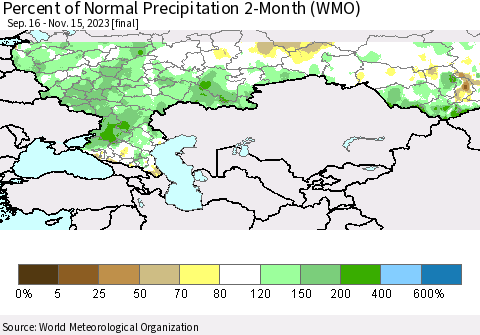 Russian Federation Percent of Normal Precipitation 2-Month (WMO) Thematic Map For 9/16/2023 - 11/15/2023