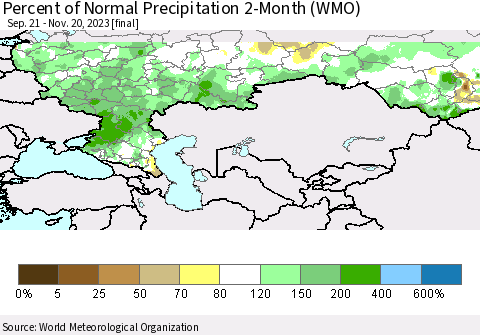 Russian Federation Percent of Normal Precipitation 2-Month (WMO) Thematic Map For 9/21/2023 - 11/20/2023
