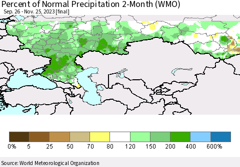 Russian Federation Percent of Normal Precipitation 2-Month (WMO) Thematic Map For 9/26/2023 - 11/25/2023