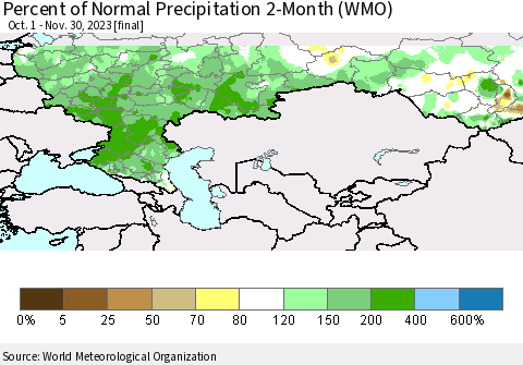 Russian Federation Percent of Normal Precipitation 2-Month (WMO) Thematic Map For 10/1/2023 - 11/30/2023