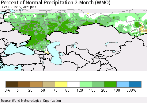 Russian Federation Percent of Normal Precipitation 2-Month (WMO) Thematic Map For 10/6/2023 - 12/5/2023