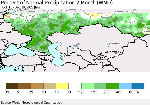 Russian Federation Percent of Normal Precipitation 2-Month (WMO) Thematic Map For 10/11/2023 - 12/10/2023