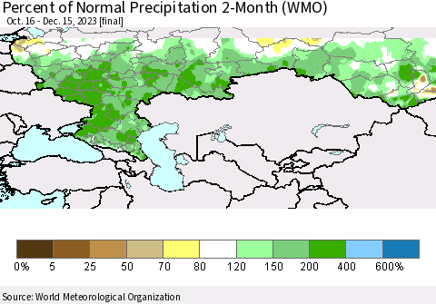 Russian Federation Percent of Normal Precipitation 2-Month (WMO) Thematic Map For 10/16/2023 - 12/15/2023