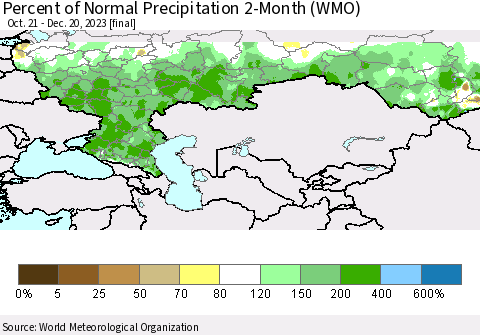 Russian Federation Percent of Normal Precipitation 2-Month (WMO) Thematic Map For 10/21/2023 - 12/20/2023