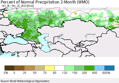 Russian Federation Percent of Normal Precipitation 2-Month (WMO) Thematic Map For 10/26/2023 - 12/25/2023