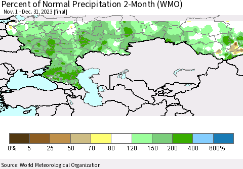 Russian Federation Percent of Normal Precipitation 2-Month (WMO) Thematic Map For 11/1/2023 - 12/31/2023