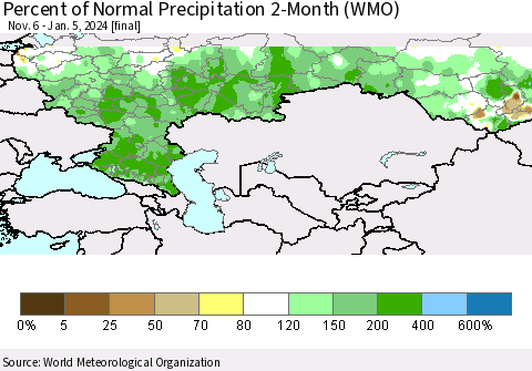 Russian Federation Percent of Normal Precipitation 2-Month (WMO) Thematic Map For 11/6/2023 - 1/5/2024