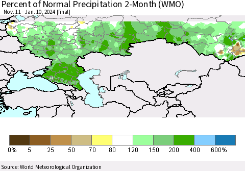 Russian Federation Percent of Normal Precipitation 2-Month (WMO) Thematic Map For 11/11/2023 - 1/10/2024