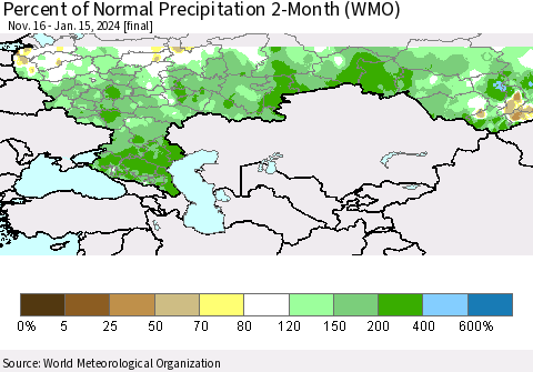 Russian Federation Percent of Normal Precipitation 2-Month (WMO) Thematic Map For 11/16/2023 - 1/15/2024