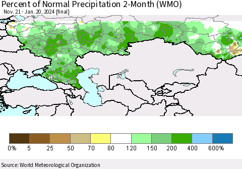 Russian Federation Percent of Normal Precipitation 2-Month (WMO) Thematic Map For 11/21/2023 - 1/20/2024