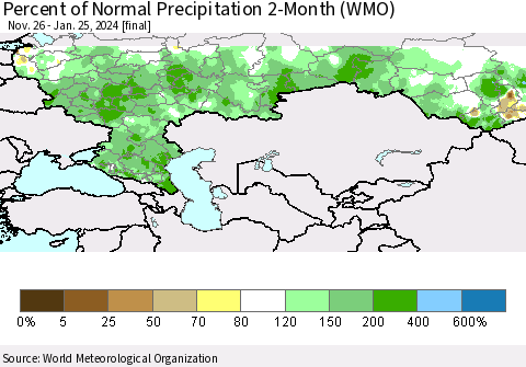 Russian Federation Percent of Normal Precipitation 2-Month (WMO) Thematic Map For 11/26/2023 - 1/25/2024