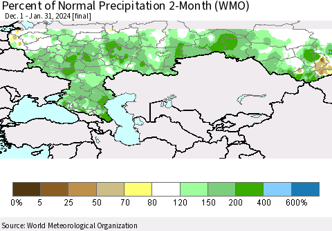 Russian Federation Percent of Normal Precipitation 2-Month (WMO) Thematic Map For 12/1/2023 - 1/31/2024