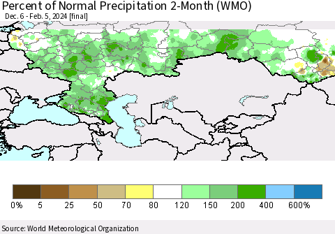 Russian Federation Percent of Normal Precipitation 2-Month (WMO) Thematic Map For 12/6/2023 - 2/5/2024