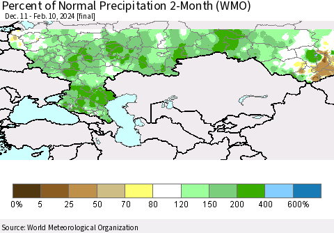 Russian Federation Percent of Normal Precipitation 2-Month (WMO) Thematic Map For 12/11/2023 - 2/10/2024