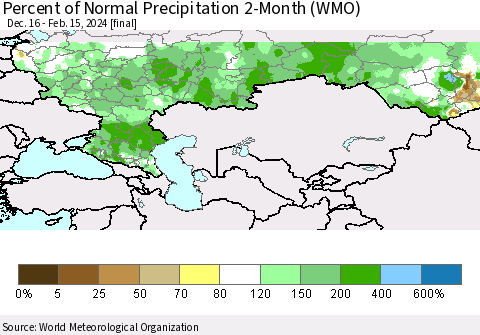 Russian Federation Percent of Normal Precipitation 2-Month (WMO) Thematic Map For 12/16/2023 - 2/15/2024