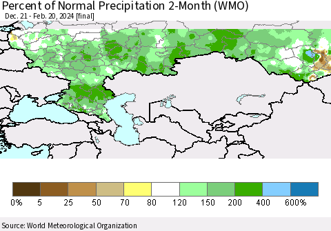 Russian Federation Percent of Normal Precipitation 2-Month (WMO) Thematic Map For 12/21/2023 - 2/20/2024