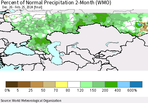Russian Federation Percent of Normal Precipitation 2-Month (WMO) Thematic Map For 12/26/2023 - 2/25/2024