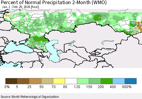 Russian Federation Percent of Normal Precipitation 2-Month (WMO) Thematic Map For 1/1/2024 - 2/29/2024