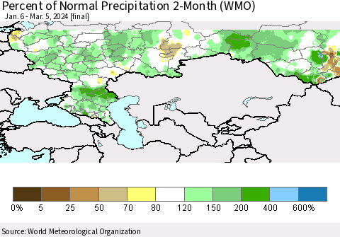 Russian Federation Percent of Normal Precipitation 2-Month (WMO) Thematic Map For 1/6/2024 - 3/5/2024