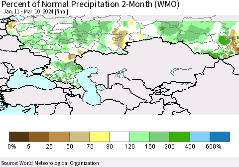 Russian Federation Percent of Normal Precipitation 2-Month (WMO) Thematic Map For 1/11/2024 - 3/10/2024