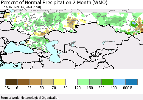 Russian Federation Percent of Normal Precipitation 2-Month (WMO) Thematic Map For 1/16/2024 - 3/15/2024