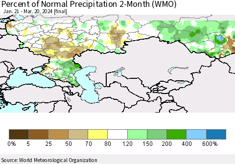 Russian Federation Percent of Normal Precipitation 2-Month (WMO) Thematic Map For 1/21/2024 - 3/20/2024