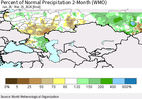Russian Federation Percent of Normal Precipitation 2-Month (WMO) Thematic Map For 1/26/2024 - 3/25/2024