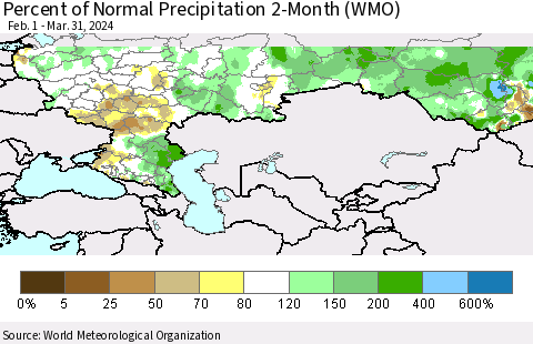 Russian Federation Percent of Normal Precipitation 2-Month (WMO) Thematic Map For 2/1/2024 - 3/31/2024