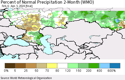 Russian Federation Percent of Normal Precipitation 2-Month (WMO) Thematic Map For 2/6/2024 - 4/5/2024