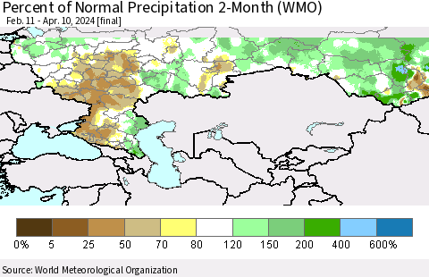 Russian Federation Percent of Normal Precipitation 2-Month (WMO) Thematic Map For 2/11/2024 - 4/10/2024