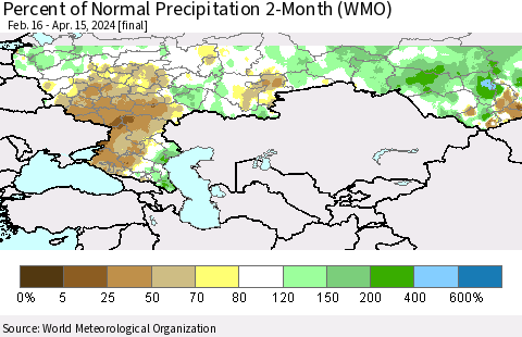Russian Federation Percent of Normal Precipitation 2-Month (WMO) Thematic Map For 2/16/2024 - 4/15/2024