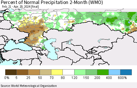 Russian Federation Percent of Normal Precipitation 2-Month (WMO) Thematic Map For 2/21/2024 - 4/20/2024
