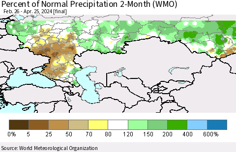 Russian Federation Percent of Normal Precipitation 2-Month (WMO) Thematic Map For 2/26/2024 - 4/25/2024