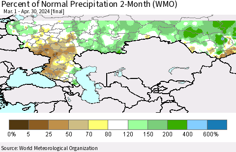 Russian Federation Percent of Normal Precipitation 2-Month (WMO) Thematic Map For 3/1/2024 - 4/30/2024