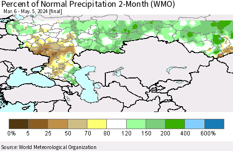 Russian Federation Percent of Normal Precipitation 2-Month (WMO) Thematic Map For 3/6/2024 - 5/5/2024