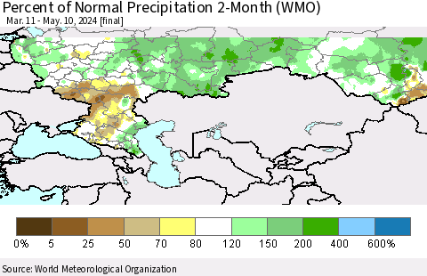 Russian Federation Percent of Normal Precipitation 2-Month (WMO) Thematic Map For 3/11/2024 - 5/10/2024